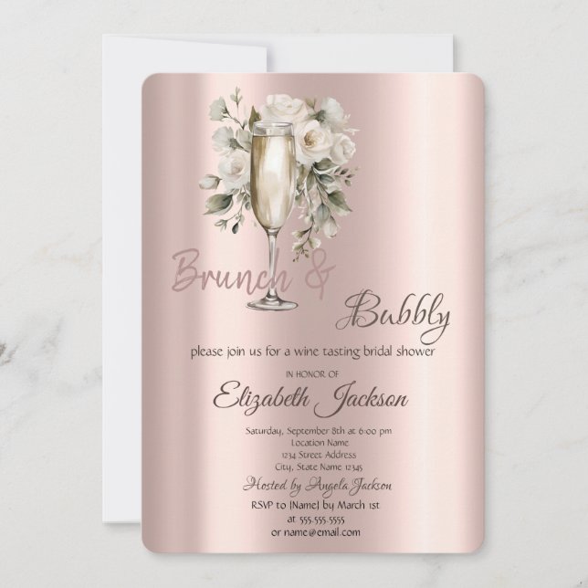 Convites Brunch & Bubbly Rosas Brancas Pingando Chuveiro de (Frente)