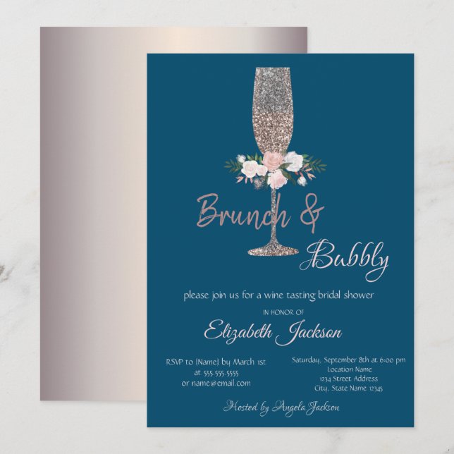 Convites Brunch & Bubbly Rose Gold Chá de Noiva (Frente/Verso)