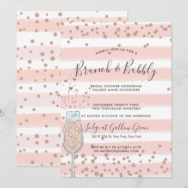 Convites Brunch & Bubbly Rose Gold Champanhe Festa de Noiva (Frente/Verso)