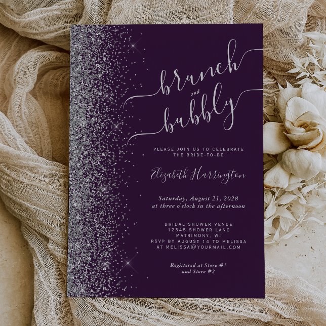 Convites Brunch & Bubbly Roxo Chuve de Noiva Prateada (Criador carregado)