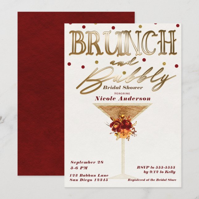 Convites Brunch & Bubbly Vinho Tinto Dourado de Outono Chá  (Frente/Verso)