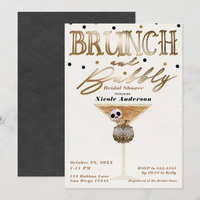 Convites Brunch & Bubbly Wine Dourado Chá de Noiva de Hallo (Frente/Verso)