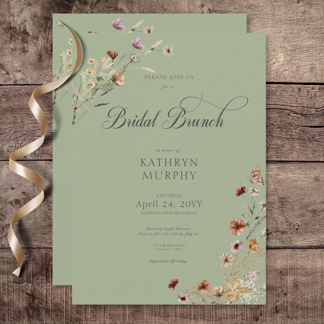 Convites Brunch Buquê Bridal Verde Moderno (Modern Green Wildflower Bouquet Bridal Brunch Invitation)
