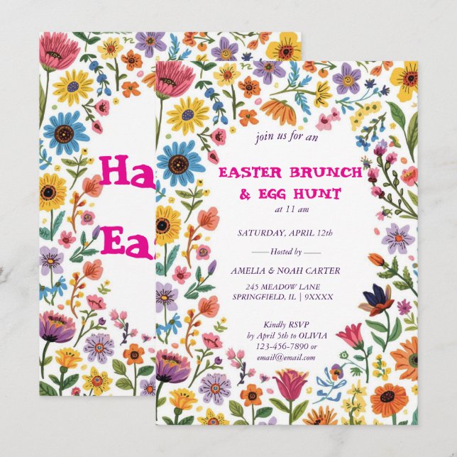 Convites BRUNCH & CAÇA DE PÁSCOA Floral Colorido (Frente/Verso)