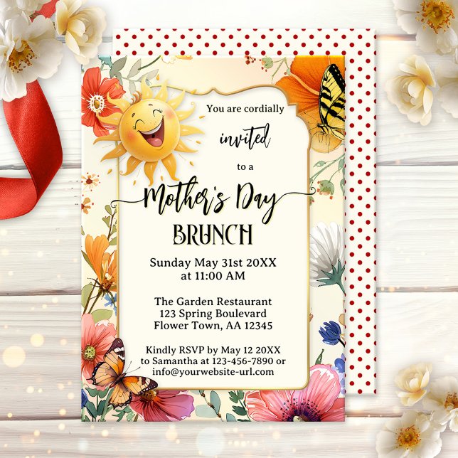 Convites Brunch Caprichoso Feliz Dia das Mães (Mother's Day brunch or lunch invitation featuring a laughing sun on a watercolor wildflower design)
