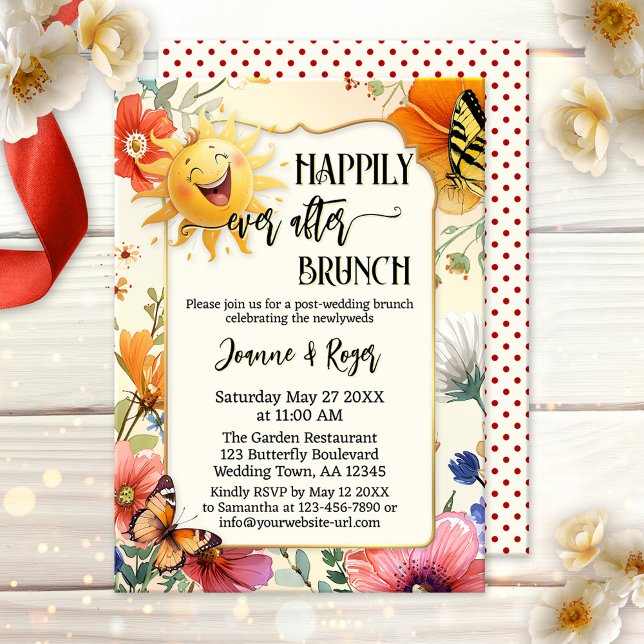 Convites Brunch Caprichoso Floral de Borboleta do Sol Pós-C (After wedding brunch invitation featuring a cheerfully laughing sun with colorful wildflowers)
