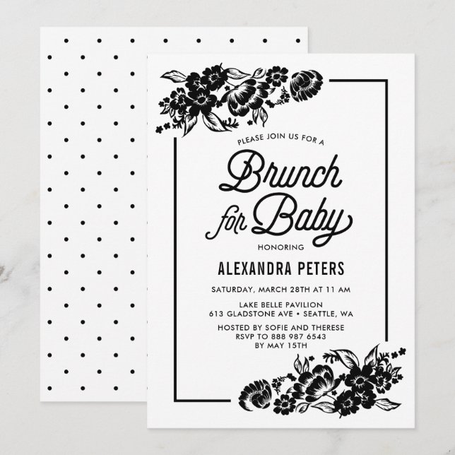 Convites Brunch Chá de fraldas Botânico Negro Moderno (Frente/Verso)