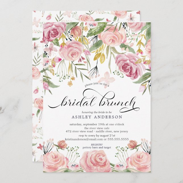 Convites Brunch Chá de panela Floral Cor-de-Rosa Esbranquiç (Frente/Verso)