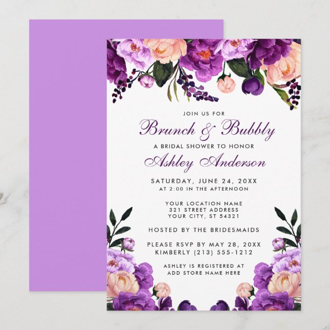 Convites Brunch Chá de panela Roxo Convidado V (Frente/Verso)