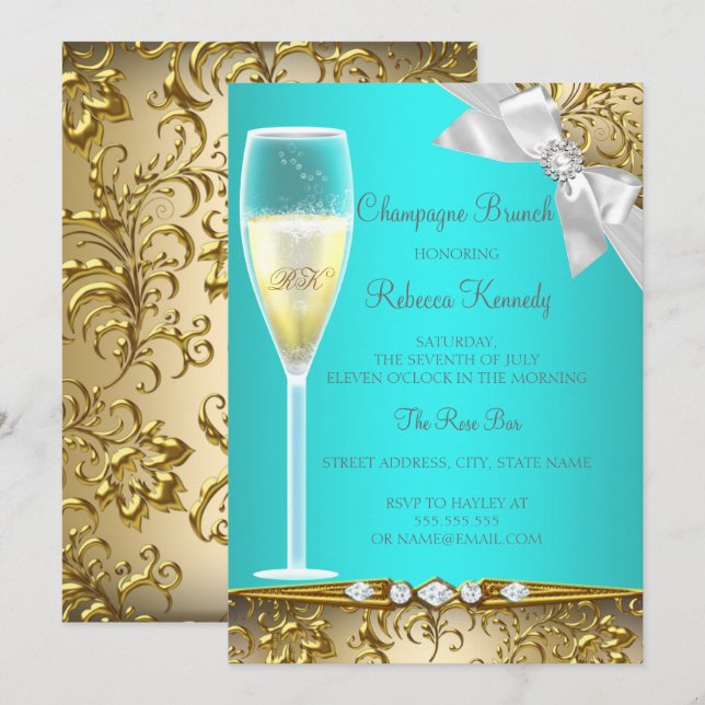 Convites Brunch Champagne Azul Turquesa Elegante Dourado Br (Frente/Verso)