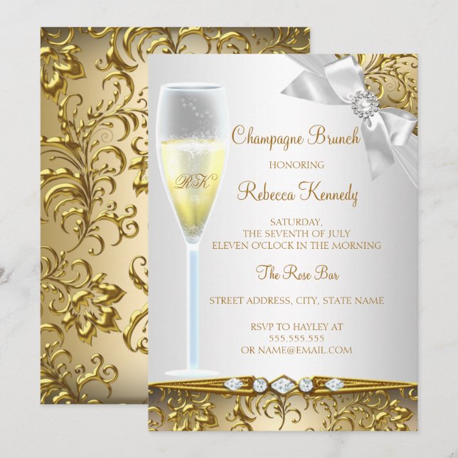 Convites Brunch Champagne Branco Prata Dourado Elegante (Frente/Verso)