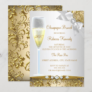 Convites Brunch Champagne Branco Prata Dourado Elegante