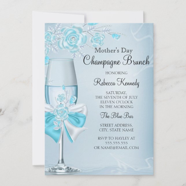 Convites Brunch Champagne Rosa Azul Turquesa no Dia das Mãe (Frente)