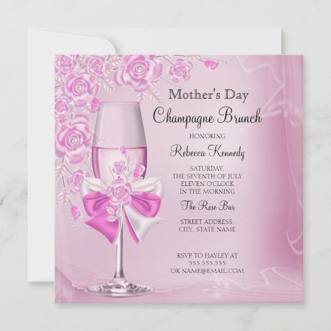 Convites Brunch Champagne Rosa Bonito do Dia das Mães (Frente)