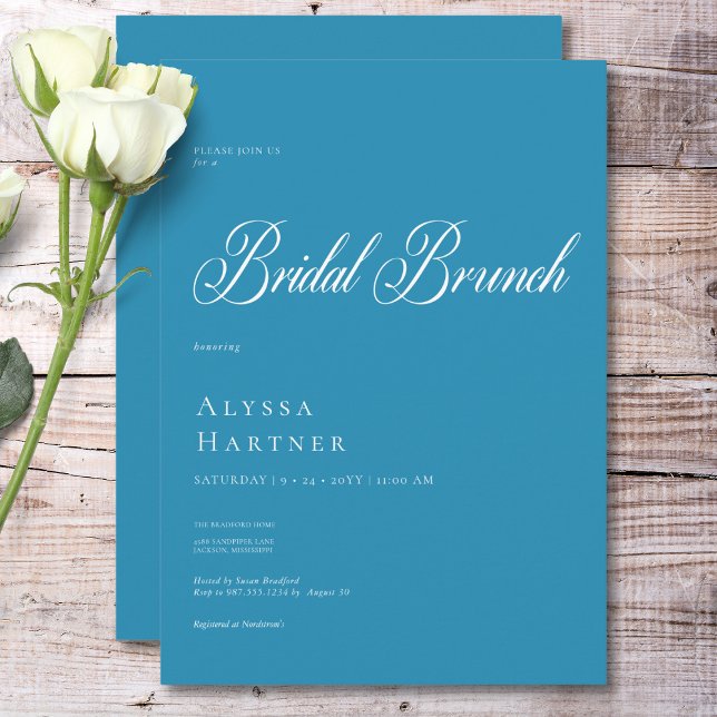 Convites Brunch Clássico Mínimo de Brida Azul e Branca (Minimal Classic French Blue & White Bridal Brunch Invitation)