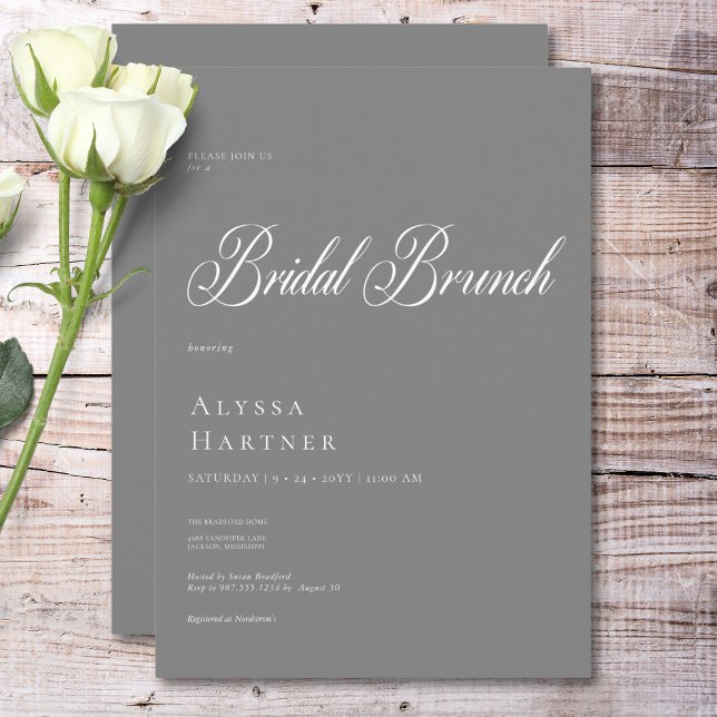 Convites Brunch Clássico Mínimo de Cinzas e Bridal Branca (Minimal Classic Gray & White Bridal Brunch Invitation)
