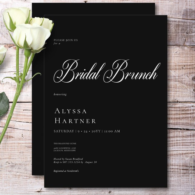 Convites Brunch Clássico Mínimo de Preto e Brida Branca (Minimal Classic Black & White Bridal Brunch Invitation)