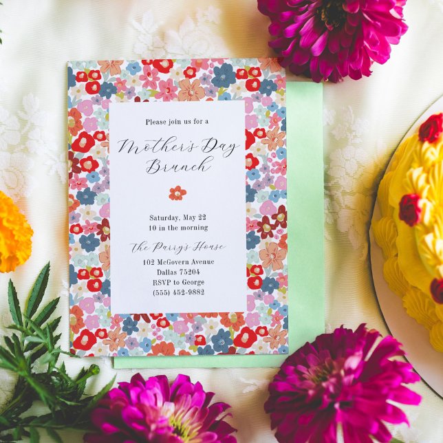Convites Brunch Colorido de Flores no Dia das Mães (Colorful floral Mother's Day Brunch invitations.)