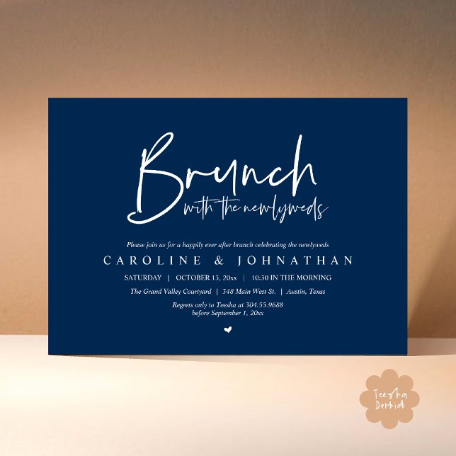 Convites Brunch com a Celebração de Casamento Poste de Newl (Brunch with the Newlyweds Post Modern Morning Wedding Celebration Invitation Card PDF Navy Blue)