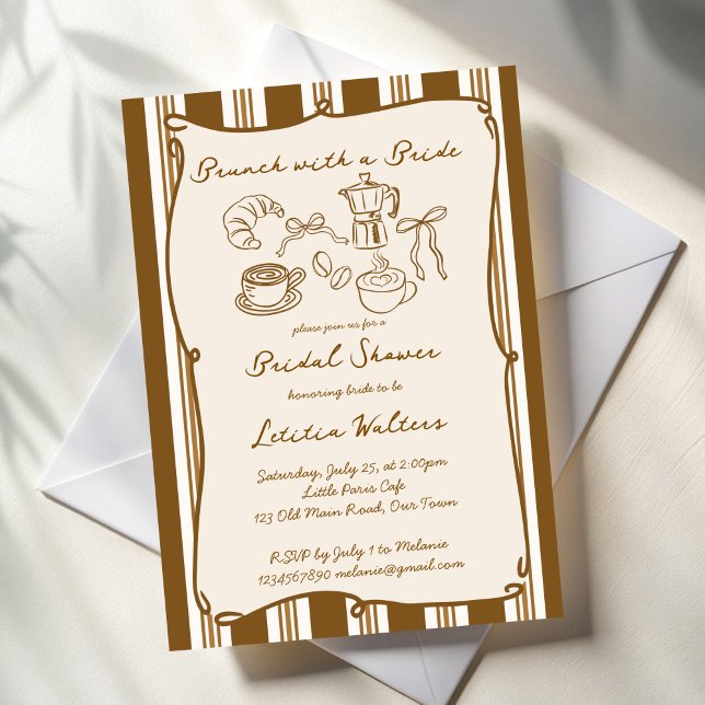 Convites Brunch com a noiva café retrô chá de noiva (Brunch with a bride retro brown stripes coffee bridal shower invitation cards template )