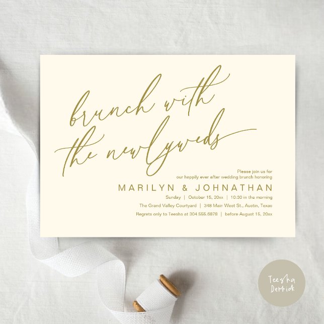 Convites Brunch Com Os Newlyweds, Celebração De Casamento P (Brunch With The Newlyweds, Romantic Modern Post Wedding Celebrate Invitation Card PDF Yellow Gold)