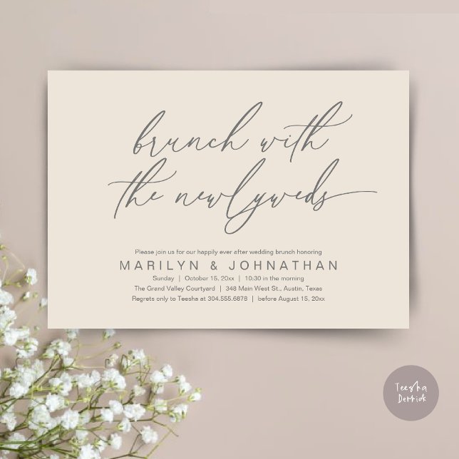 Convites Brunch Com Os Newlyweds, Celebração De Casamento P (Brunch With The Newlyweds, Romantic Modern Post Wedding Celebrate Invitation Card PDF Cream Grey)