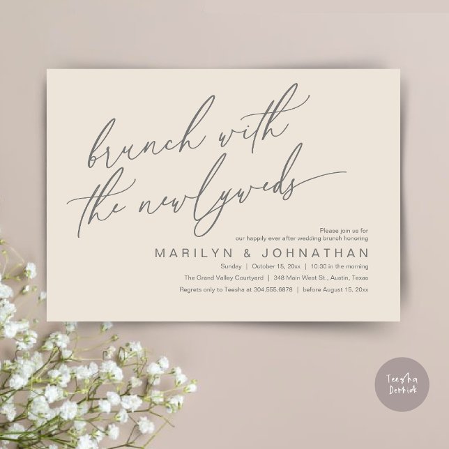 Convites Brunch Com Os Newlyweds, Celebração De Casamento P (Brunch With The Newlyweds, Romantic Modern Post Wedding Celebrate Invitation Card PDF Cream Grey)