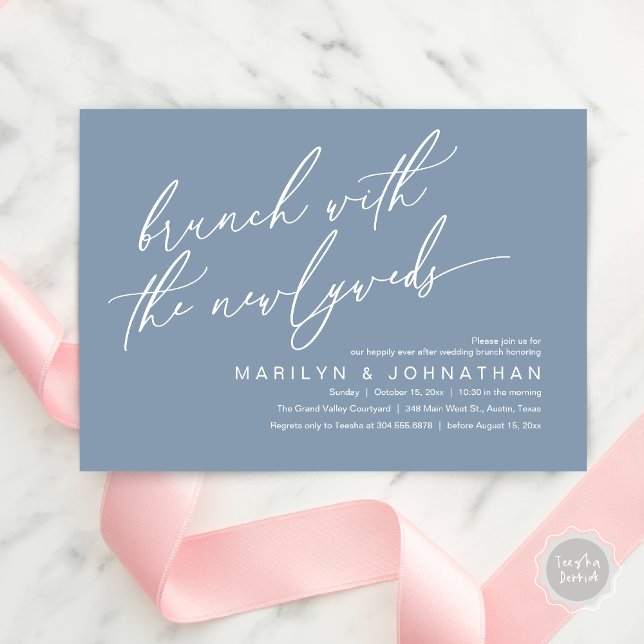 Convites Brunch Com Os Newlyweds, Celebração De Casamento P (Brunch With The Newlyweds, Romantic Modern Post Wedding Celebrate Invitation Card PDF Dusty Blue)