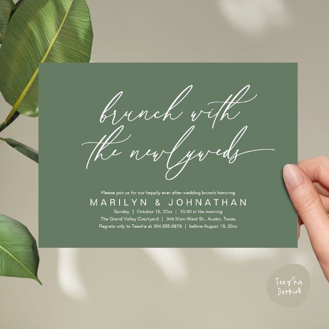 Convites Brunch Com Os Newlyweds, Celebração De Casamento P (Brunch With The Newlyweds, Romantic Modern Post Wedding Celebrate Invitation Card PDF Sage Green)