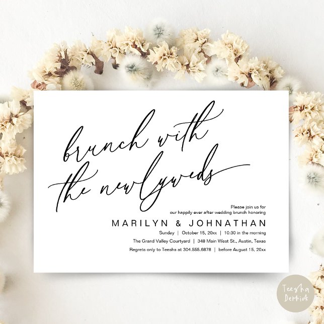 Convites Brunch Com Os Newlyweds, Celebração De Casamento P (Brunch With The Newlyweds, Romantic Modern Post Wedding Celebrate Invitation Card PDF Black White)