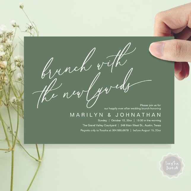 Convites Brunch Com Os Newlyweds, Celebração De Casamento P (Brunch With The Newlyweds, Romantic Modern Post Wedding Celebrate Invitation Card PDF Sage Green)