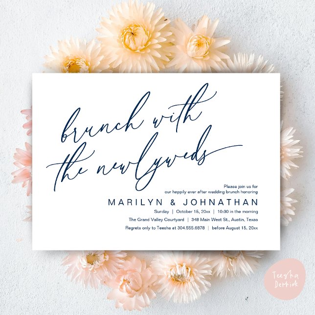 Convites Brunch Com Os Newlyweds, Celebração De Casamento P (Brunch With The Newlyweds, Romantic Modern Post Wedding Celebrate Invitation Card PDF navy Blue)