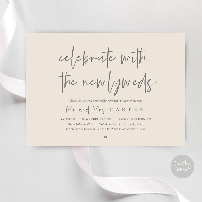 Convites Brunch com os recém-casados, após a festa de casam (Celebrate with the newlyweds, Wedding Brunch Invitation Card, PDF, in Cream and Grey)