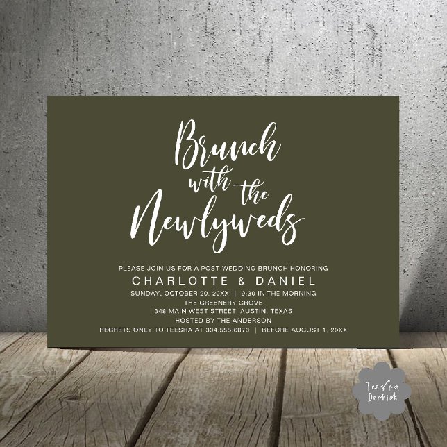 Convites Brunch com os recém-casados, Casamento às Pressas (Brunch with the newlyweds, Post Wedding Elopement Invitation Card PDF Olive Green)