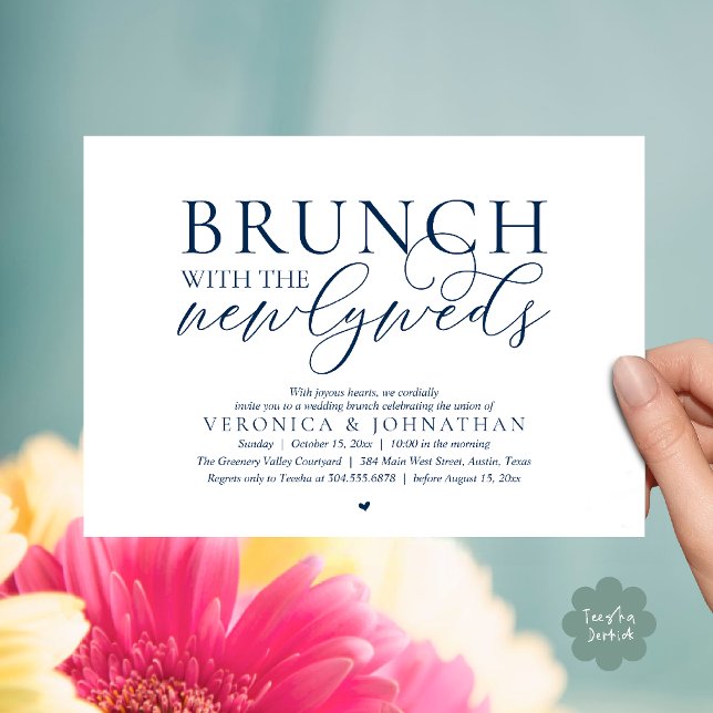 Convites Brunch com os recém-casados, Casamento Azul Naval (Brunch with the newlyweds, Modern Classy Wedding Elopement Invitation Card in Navy Blue)