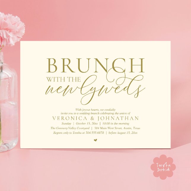 Convites Brunch com os recém-casados, Casamento Ouro Amarel (Brunch with the newlyweds, Modern Classy Wedding Elopement Invitation Card in Gold Yellow Cream)