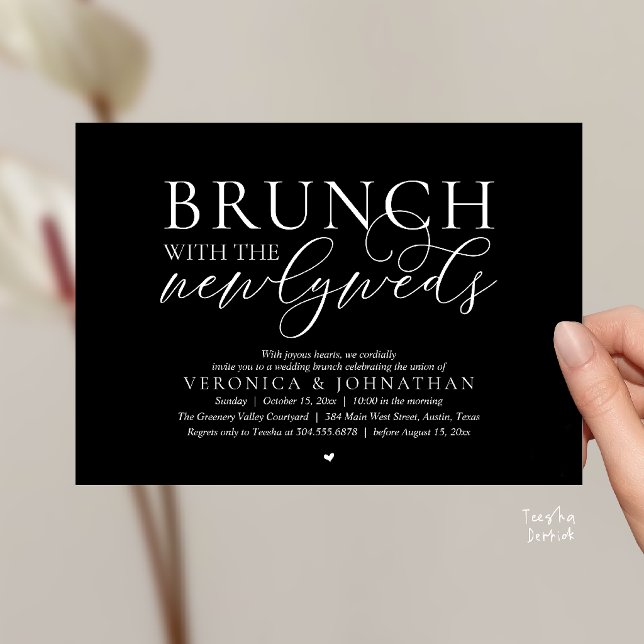 Convites Brunch com os recém-casados, Casamento Preto Cláss (Brunch with the newlyweds, Modern Classy Wedding Elopement Invitation Card in Classy Black)