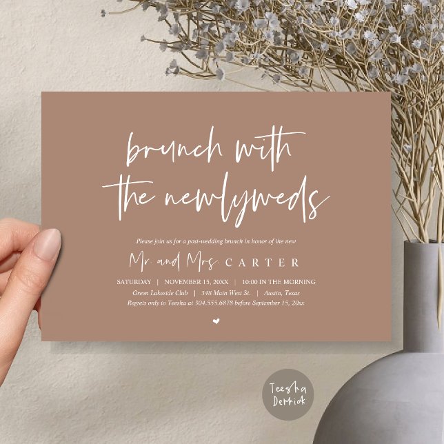Convites Brunch com recém-casados, casamento poste, em Taup (Brunch with the newlyweds, post wedding elopement invitation card, pdf, in warm taupe)