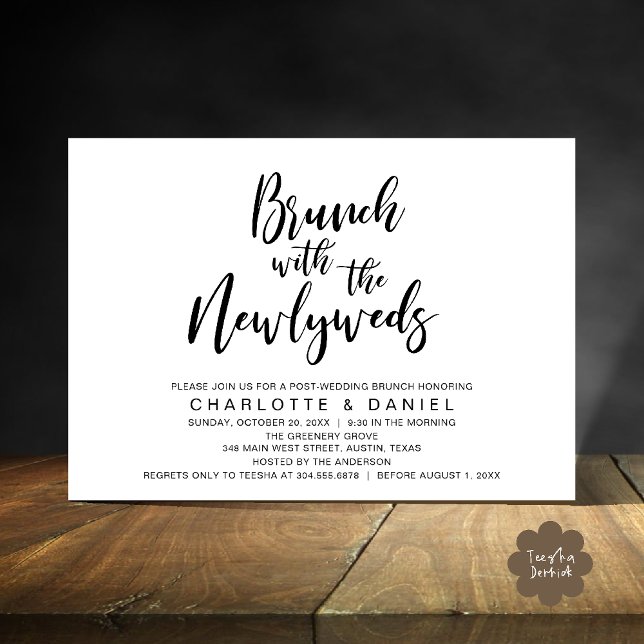 Convites Brunch com recém-casados, Elopemento de Casamento (Brunch with the newlyweds, Post Wedding Elopement Invitation Card PDF Black White)