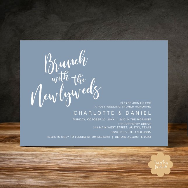 Convites Brunch com recém-casados, Elopemento de Casamento (Brunch with the newlyweds, Post Wedding Elopement Invitation Card PDF Dusty Blue)