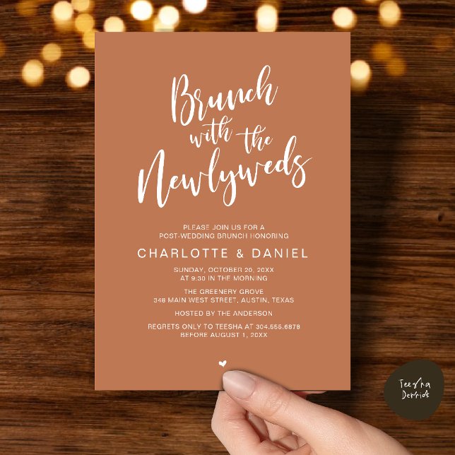 Convites Brunch com recém-casados, Elopemento de Casamento (Brunch with the newlyweds, Post Wedding Elopement Invitation Card PDF Copper Brown Terracotta)