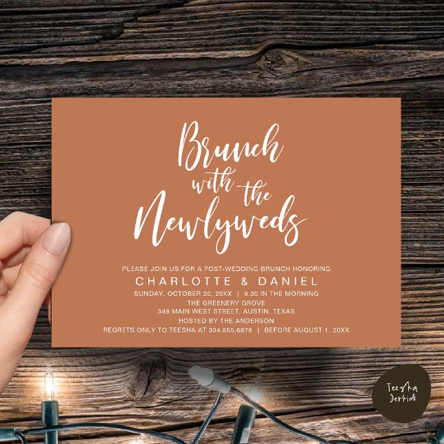 Convites Brunch com recém-casados, Elopemento de Casamento (Brunch with the newlyweds, Post Wedding Elopement Invitation Card PDF Copper Brown Terracotta)