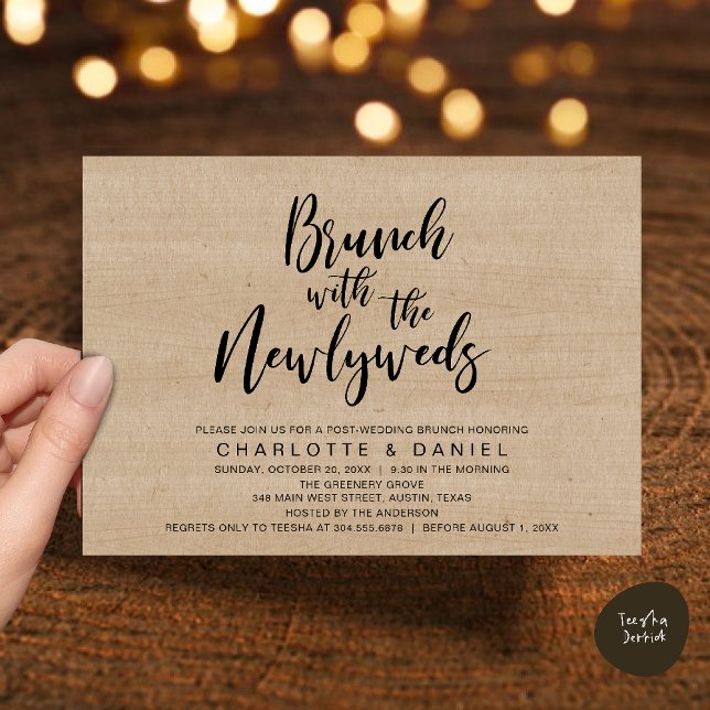 Convites Brunch com recém-casados, Elopemento de Casamento (Brunch with the newlyweds, Post Wedding Elopement Invitation Card PDF Cottage Brown Wood Background)
