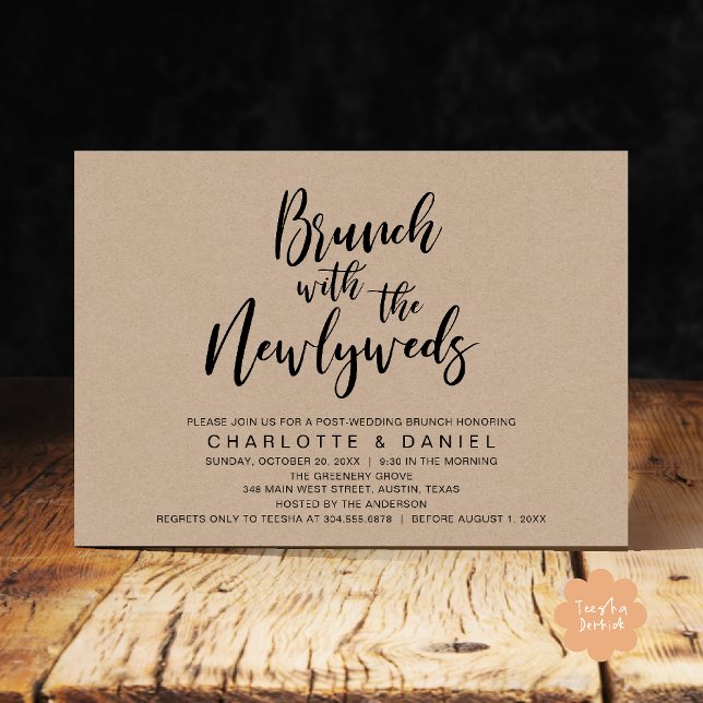 Convites Brunch com recém-casados, Elopemento de Casamento (Brunch with the newlyweds, Post Wedding Elopement Invitation Card PDF Cottage Brown Wood Background)