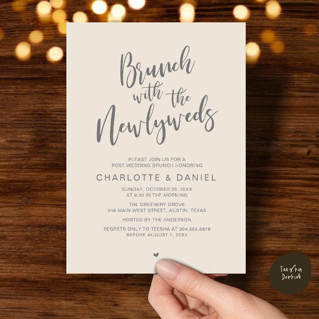 Convites Brunch com recém-casados, Elopemento de Casamento (Brunch with the newlyweds, Post Wedding Elopement Invitation Card PDF Cream Grey)