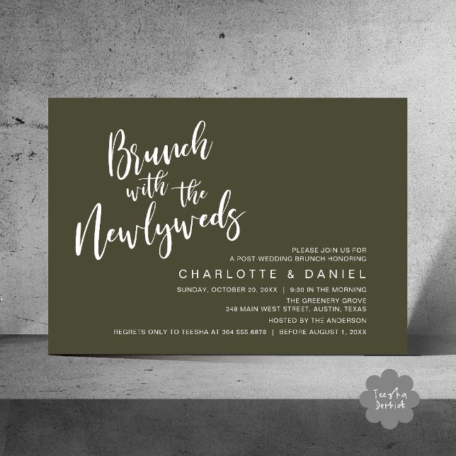 Convites Brunch com recém-casados, Elopemento de Casamento (Brunch with the newlyweds, Post Wedding Elopement Invitation Card PDF Olive Green)