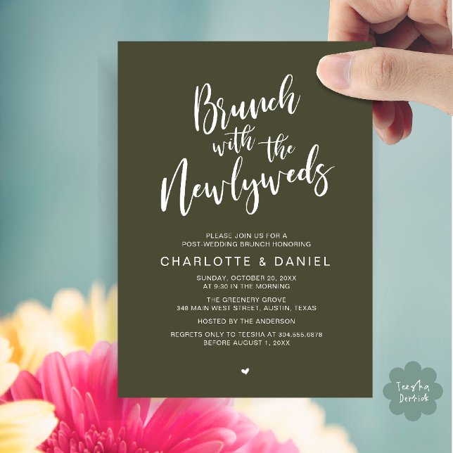 Convites Brunch com recém-casados, Elopemento de Casamento (Brunch with the newlyweds, Post Wedding Elopement Invitation Card PDF Olive Green)