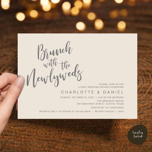 Convites Brunch com recém-casados, Elopemento de Casamento (Brunch with the newlyweds, Post Wedding Elopement Invitation Card PDF Cream Grey)