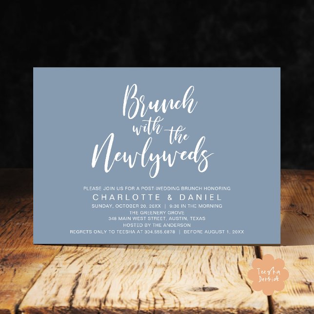 Convites Brunch com recém-casados, Elopemento de Casamento (Brunch with the newlyweds, Post Wedding Elopement Invitation Card PDF Dusty Blue)