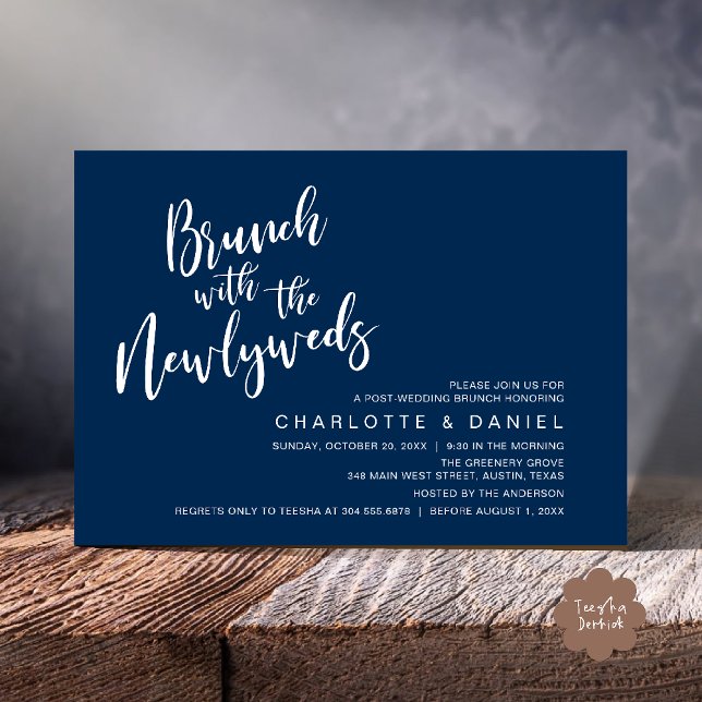 Convites Brunch com recém-casados, Elopemento de Casamento (Brunch with the newlyweds, Post Wedding Elopement Invitation Card PDF Navy Blue)